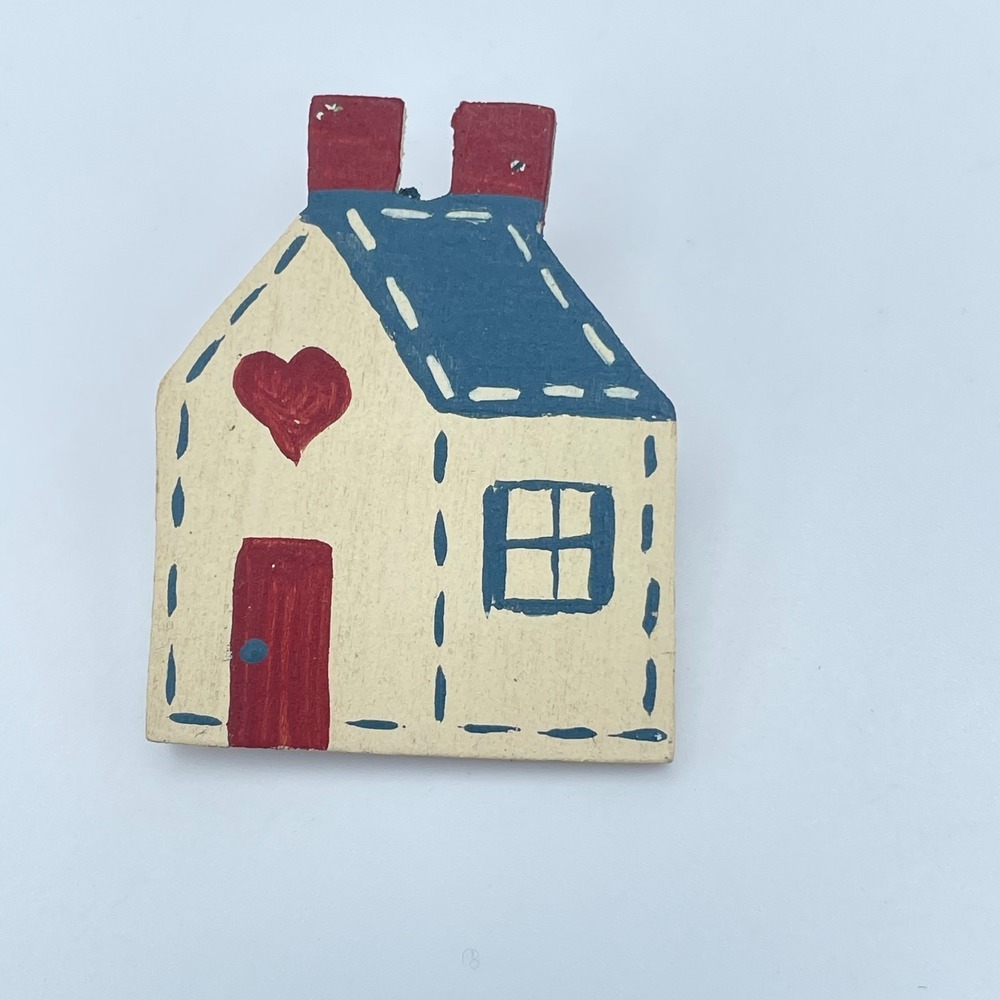 Vintage 90s Hand Painted Wooden House Brooch Pin Art Women's Classic Jewelry